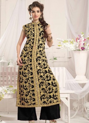 Black1001B Georgette Embroidery WeddingParty Straight Suit at Zikimo