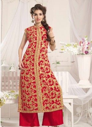 Red1001F Georgette Embroidery WeddingParty Straight Suit at Zikimo
