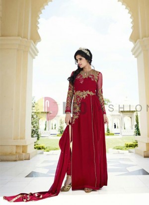 Cherry Color1001 Georgette Indian Wedding Side Cut Churidar Suit at Zikimo