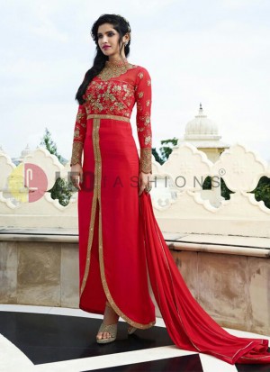 Red1004 Georgette Indian Ethnic WeddingWear Umbrela Plazzo Suit at Zikimo