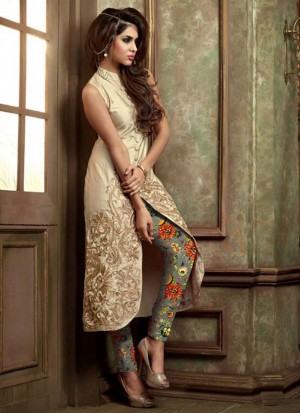 CreamGolden Silk2408 Green Floral Indian Wedding Pencil Pants Suit at Zikimo