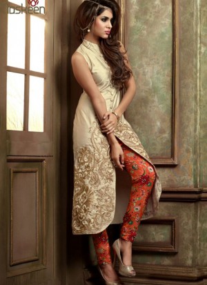 CreamGolden Silk2408 Orange Floral Indian Wedding Pencil Pants Suit at Zikimo