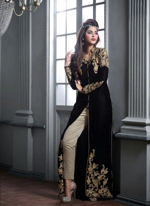 CreamBlack2606 Indian Wedding Velvet Suit at Zikimo