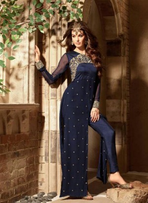 NavyBlue3103 Georgette Indian Wedding Pencil Pants Suit at Zikimo