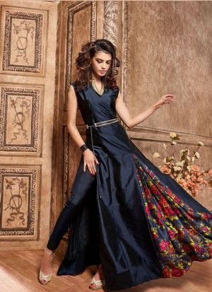 NavyBlue3601 Silk Digital Printed PartyWear Suit at ZIkimo