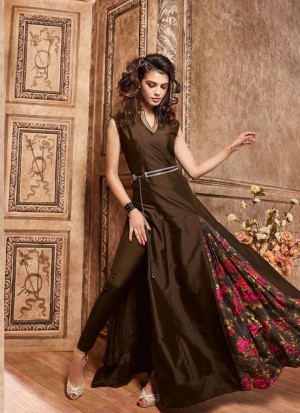 Brown3609 Silk Digital Printedered PartyWear Suit at ZIkimo