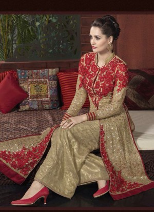 CopperMaroon2004 Georgette FestiveWear Handwork Plazo Suit at Zikimo