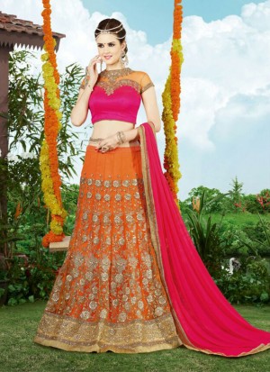 OrangePink9401 Net Silk Indian Wedding Wear Embroidred Lehenga Choli At Zikimo