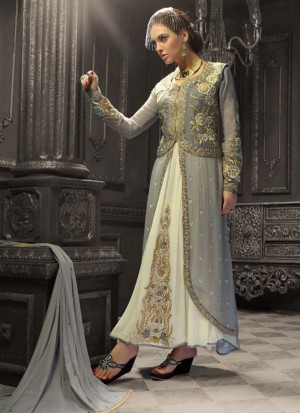 Hgrey Cream1005 Indian FestiveWear Jacket Style Churidar Suit at Zikimo