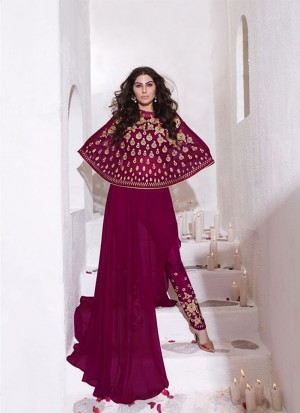 Purple8012 Georgette Net Wedding Party Kalidar Anarkali Indo Western Cape Suit at Zikimo