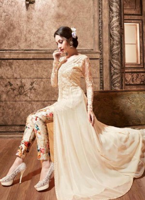 Cream3701 Silk Digital Printed PartyWear Pants Suit at ZIkimo