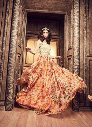 Orange Multicolor3705 Chiffon Digital Printed PartyWear A Line Anarkali Suit at Zikimo