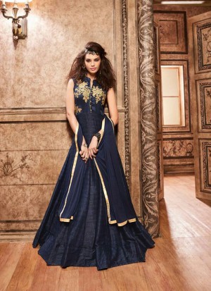 NavyBlue3706 Silk Wedding PartyWear A Line Anarkali Suit at Zikimo