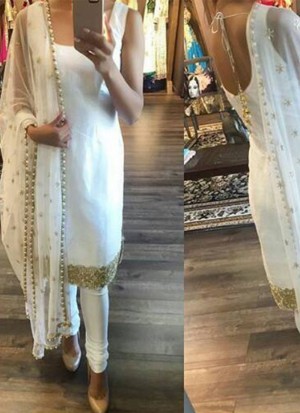 White7116 RawSilk Lycra Designer Punjabi Straight Churidar With Net Dupatta at Zikimo