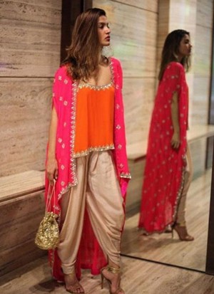 OrangePink7124 Georgette Lycra Short Top With Dhoti And Pink Net Dupatta at Zikimo