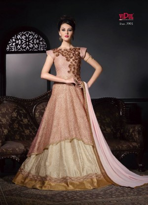 Biege Peach Net RawSilk3901 Weddding Party Double Layered Wedding Party Anarkali Suit at Zikimo