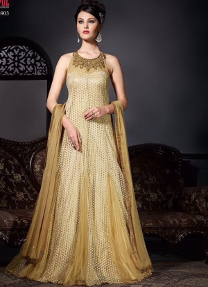 GoldenBiege3903 RawSilk HailterNeck Wedding Party Anarkali Suit at Zikimo