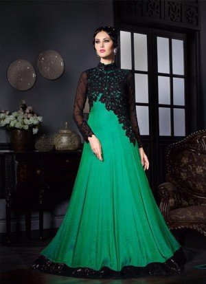 GreenBlack3906 RawSilk Wedding Party Anarkali Suit at Zikimo