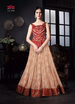 Red3910 Net RawSilk  Floral PrintedWedding FloorLength Anarkali Suit at Zikimo