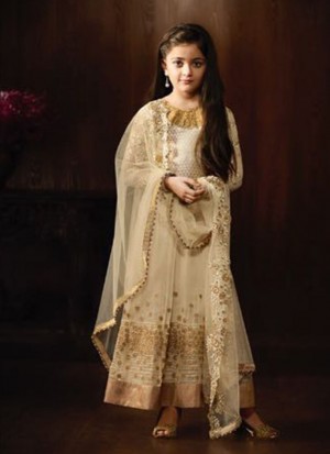 Cream8059 Net Embroidery Anarkali Suit For Daughter